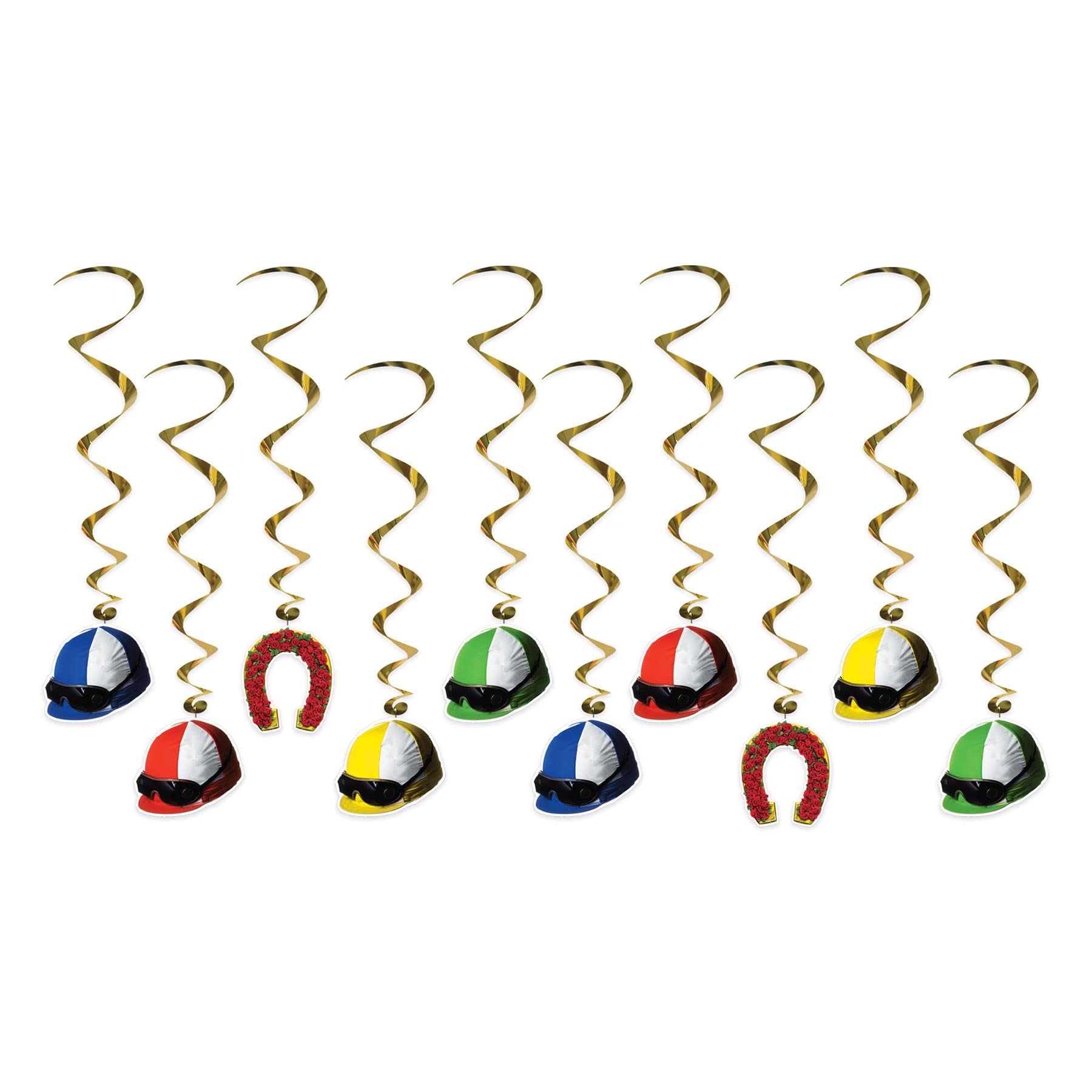 Beistle 10 Piece Equine Theme Jockey Helmet Whirls Hanging Spirals for Horse Racing Party Decorations, 37, Multicolor