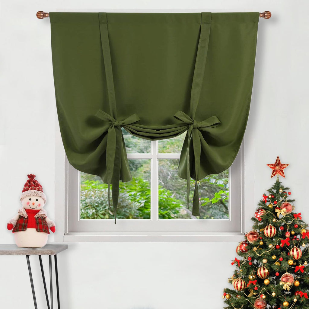 DWCN Blackout Curtains-Tie Up Shade for Window Thermal Insulated Room Darkening Rod Pocket Curtains for Kitchen, Olive Green, W4