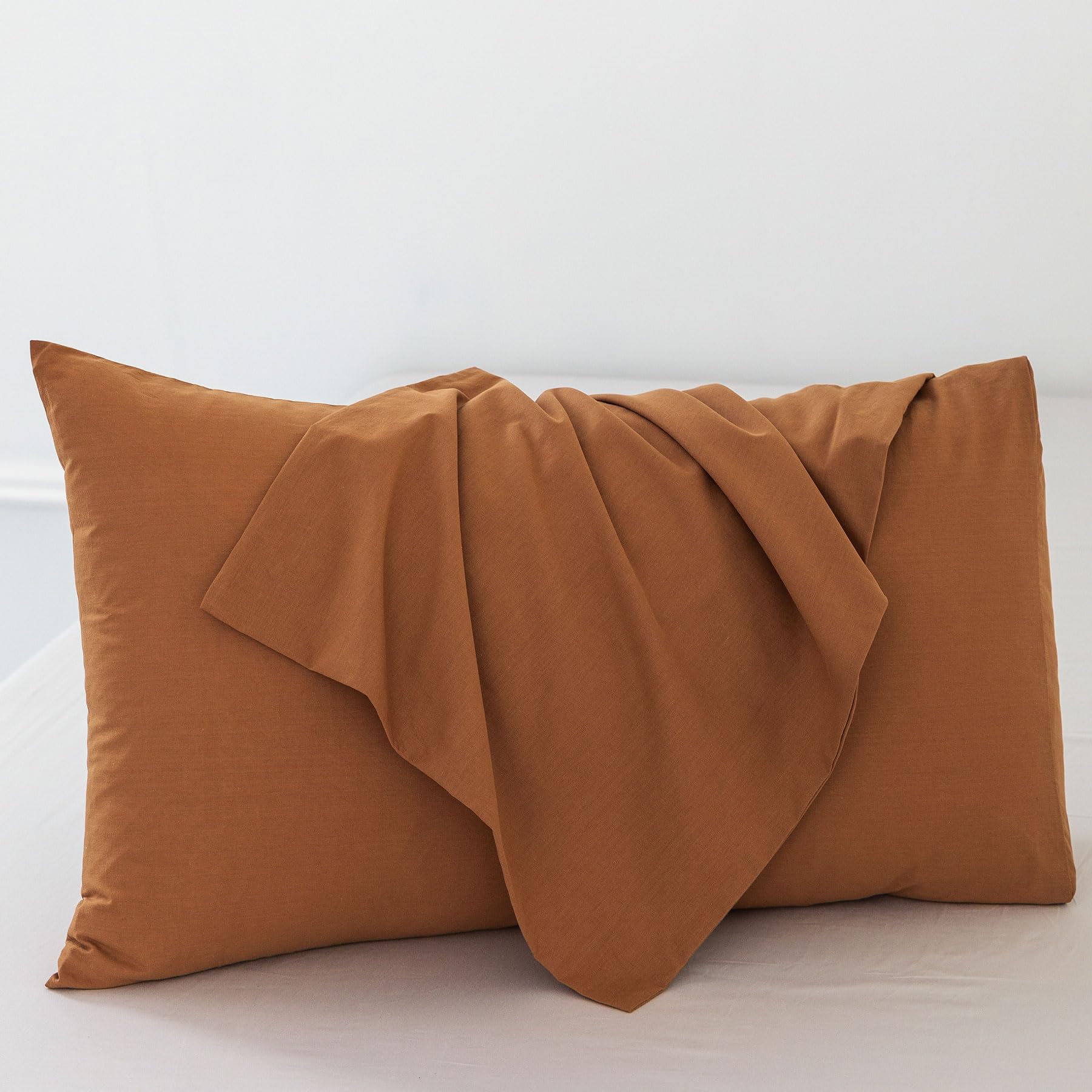 Moomee Bedding Pillowcases Pack Of 2 100% Washed Cotton Linen Like Textured Breathable Durable Soft Comfy (Dark Orange, King)