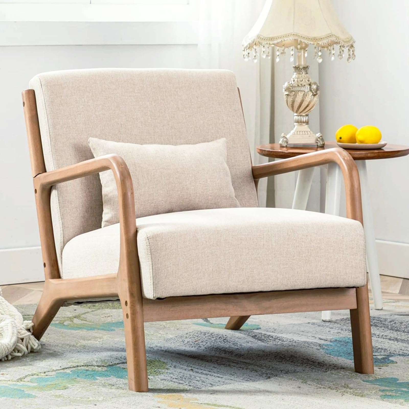 Anj Anjhome Mid Century Modern Accent Chair  Comfy Fabric Living Room Chairs With Solid Wood Frame  Lounge Reading Armchair  Easy Assembly  Beige -Like New