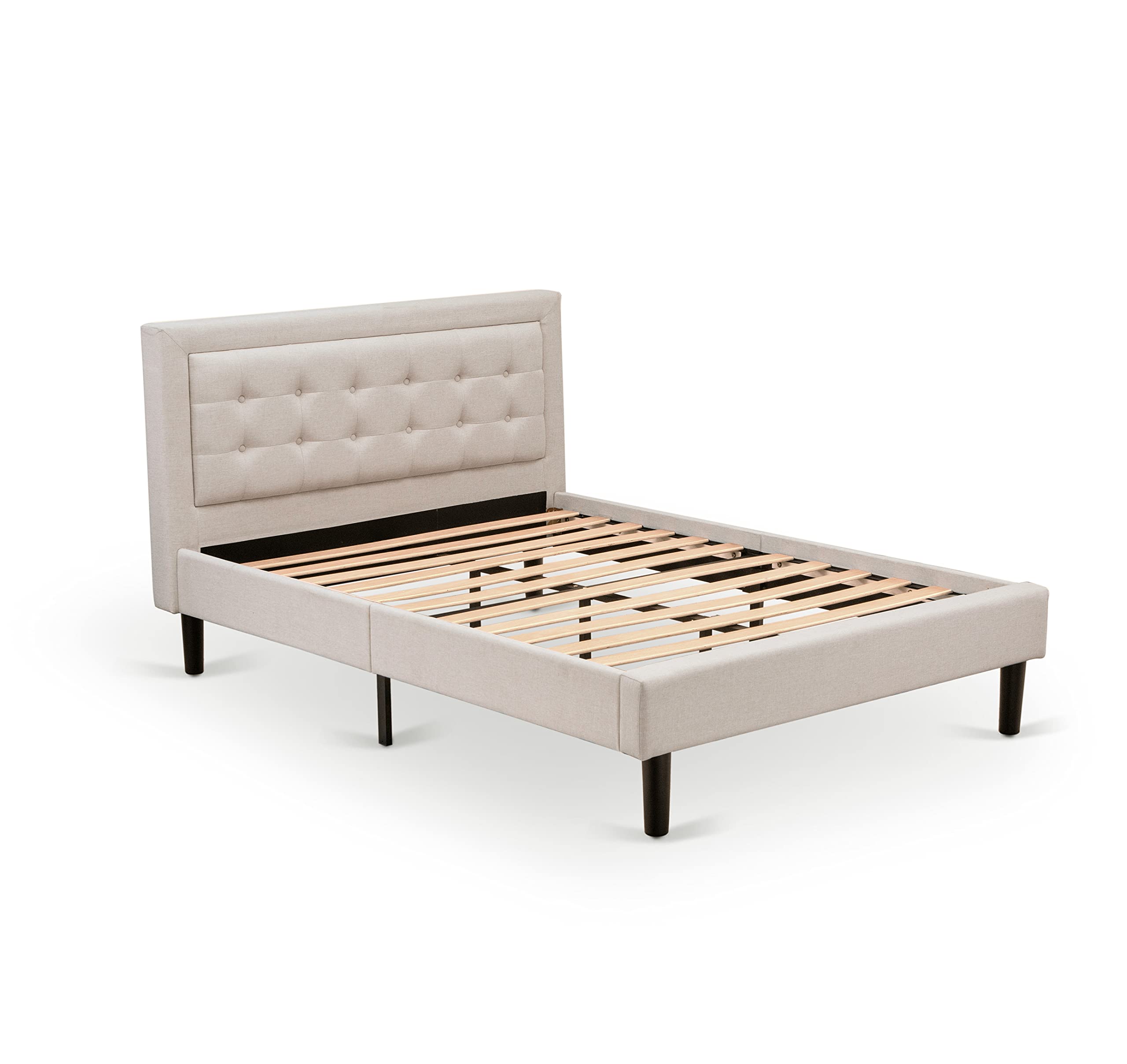 East West Furniture FNF-08-F Platform Full Size Bed - Mist Beige Linen Fabric Upholstered Bed Headboard with Button Tufted Trim Design - Black Legs