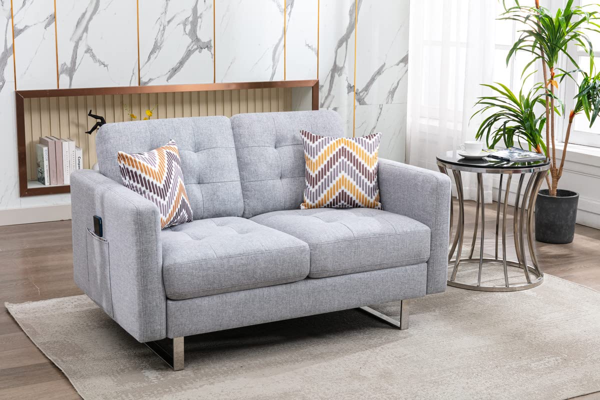 Lilola Home Victoria Light Gray Linen Fabric Loveseat Chair Living Room Set with Metal Legs, Side Pockets, and Pillows