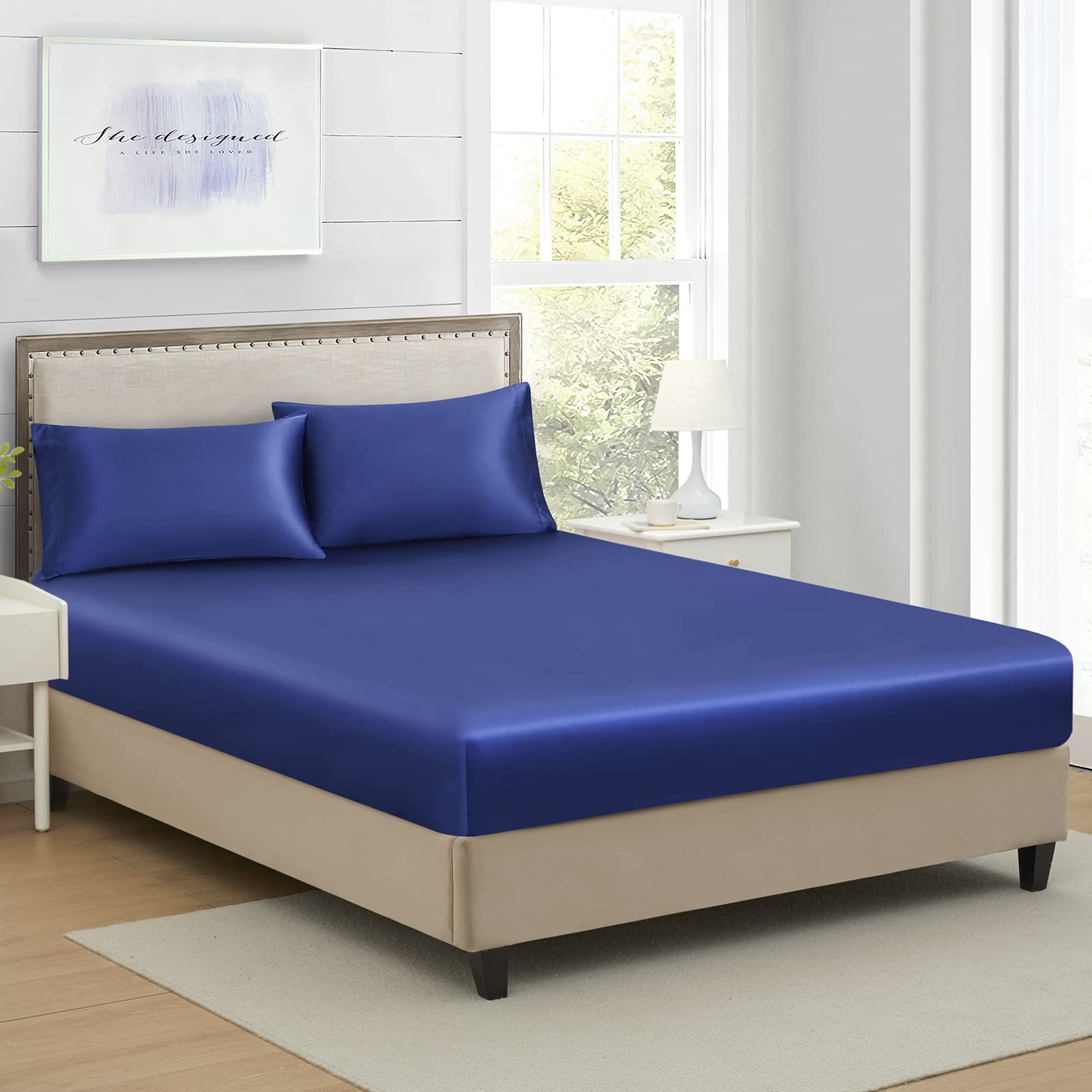 King Silk Satin Fitted Sheet, Soft Deep Pocket Single Bottom Bed Sheets Sold Separately, Wrinkle Free, Non- Fading, Breathable,