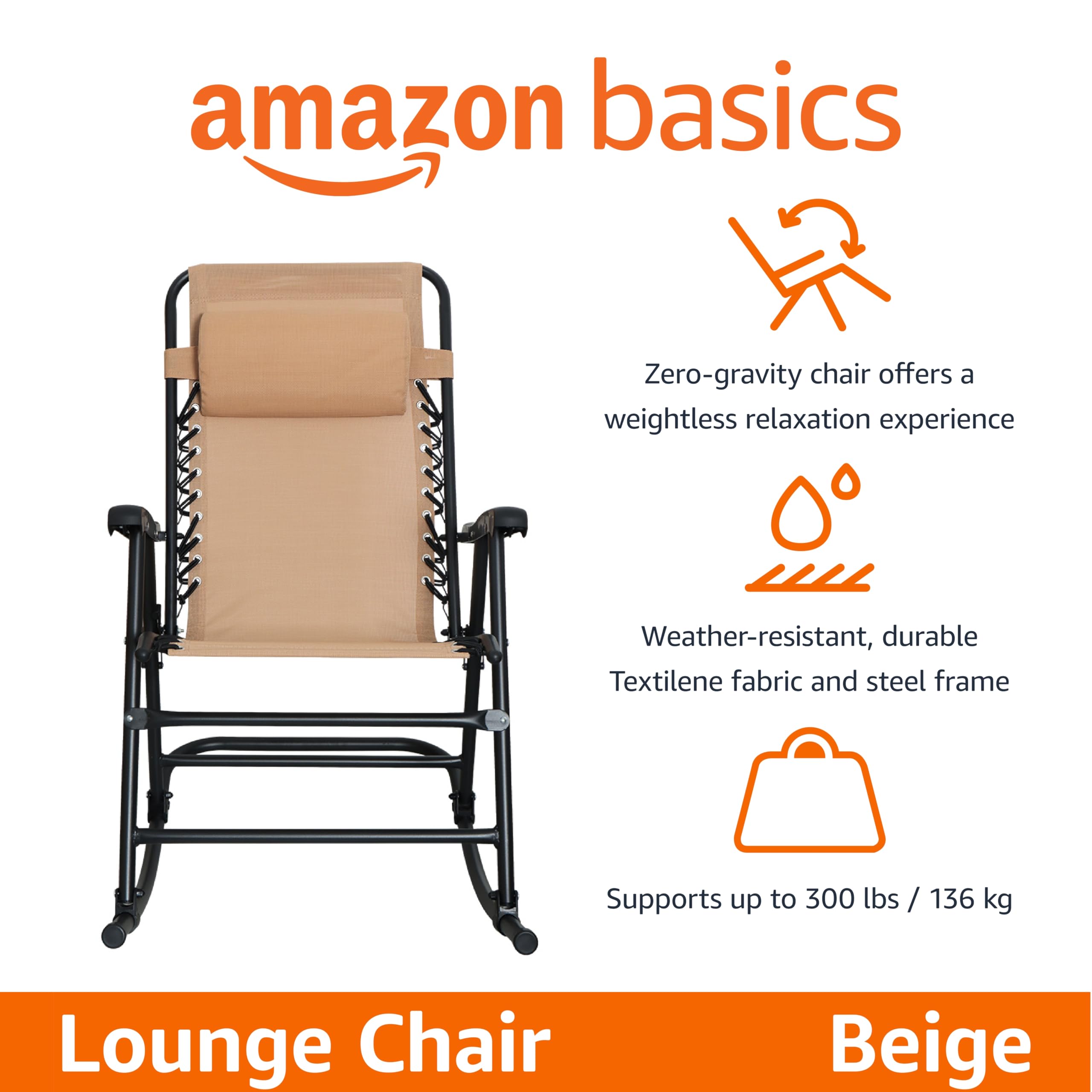 Amazon Basics Outdoor Mesh Zero Gravity Lounge Rocker With Pillow, Beige