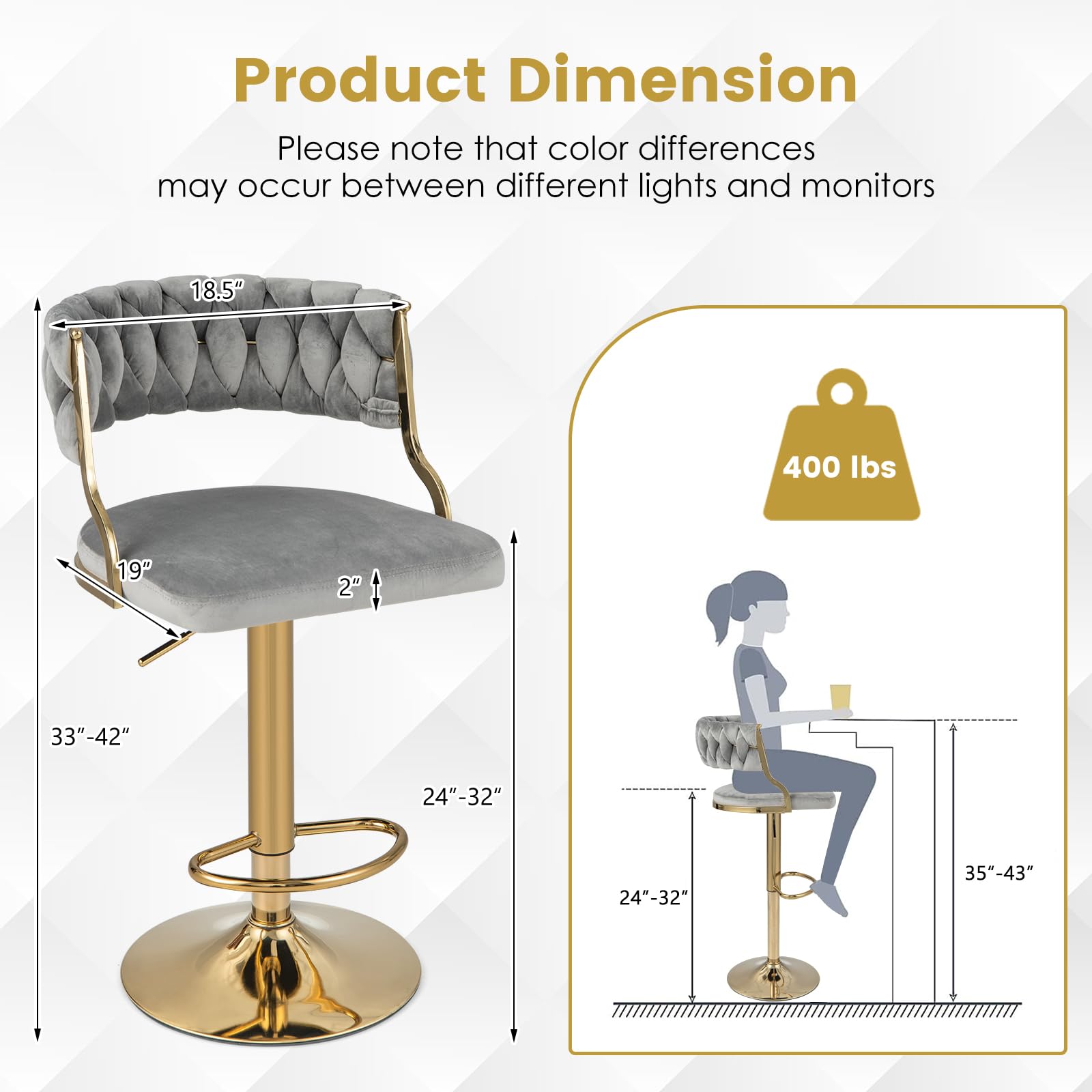 Costway Velvet Adjustable Bar Stools Set Of 2, Max Load 400 Lbs, Modern Upholstered Swivel Barstools With Woven Back, Footrests, Adjustable Height Bar Chairs For Kitchen Island Cafe Pub, Grey+Gold