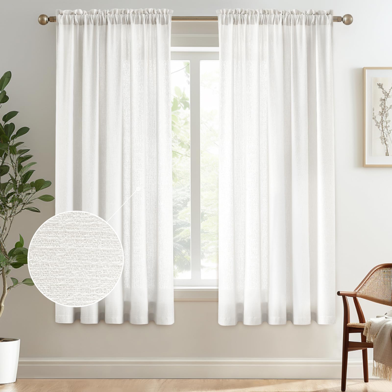 Melodieux Ivory Semi Sheer Curtains 45 Inch Length for Bedroom Kitchen Small Windows, Linen Look Rod Pocket Privacy Sheer Drapes