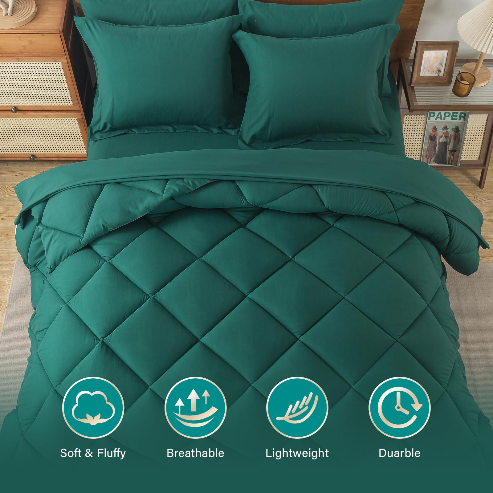 Cosybay Bed In A Bag King Comforter Sets 7Pcs All Season Solid Down Alternative Bedding Sets Dark Green With Comforter, Pillow S