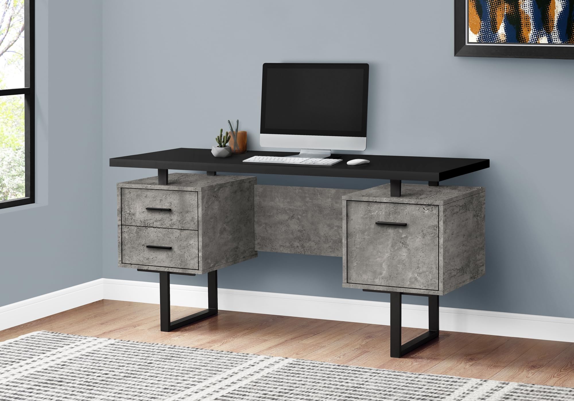Monarch Specialties I 7632 Computer Desk, Home Office, Laptop, Left, Right Set-Up, Storage Drawers, 60&quot; L, Work, Metal, Laminate, Grey, Black, Contemporary