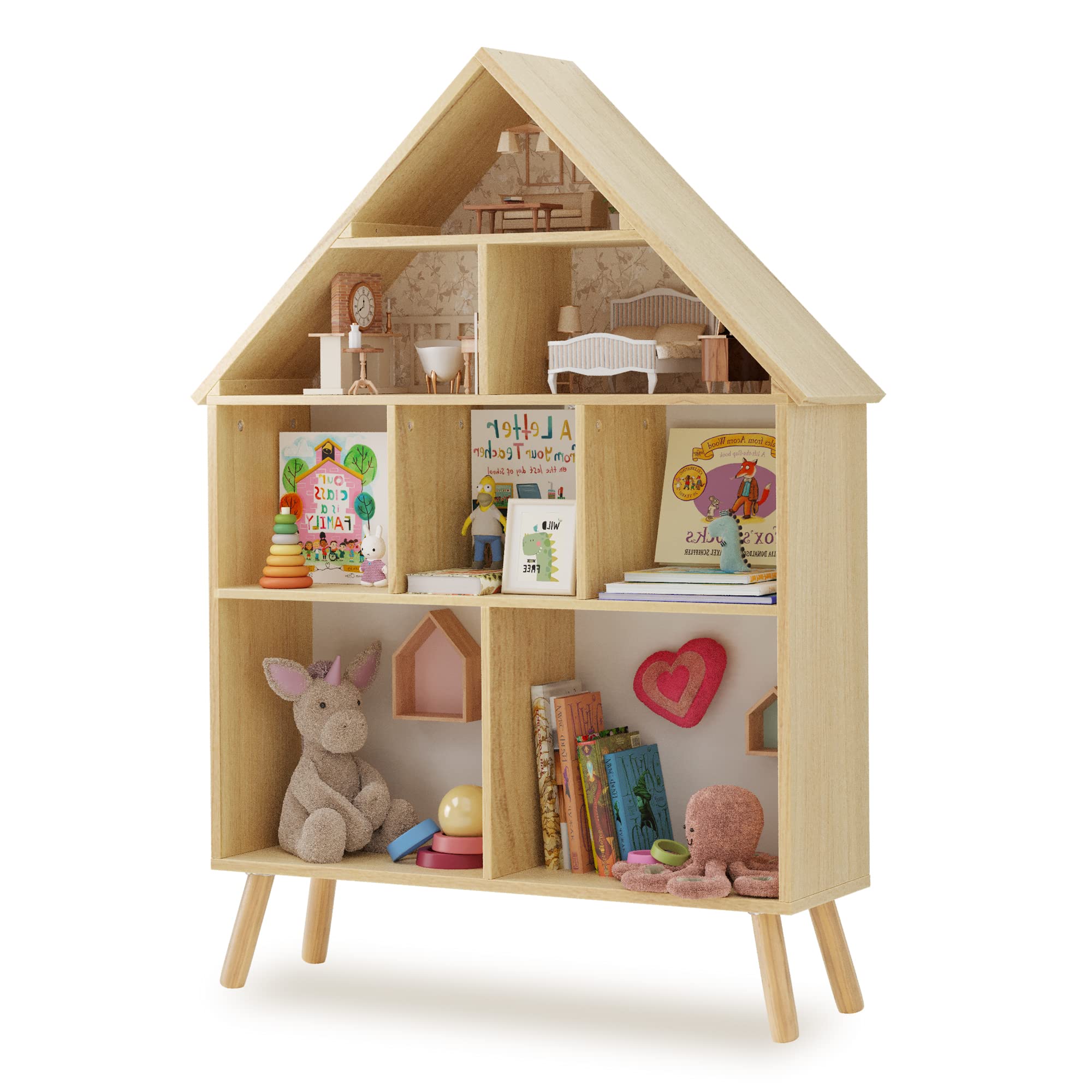 Curipeer Kids Dollhouse Bookshelf and Baby Storage - Wooden Stand Dollhouse Bookcase with 4-Tier Storage Display Organizer, Chil