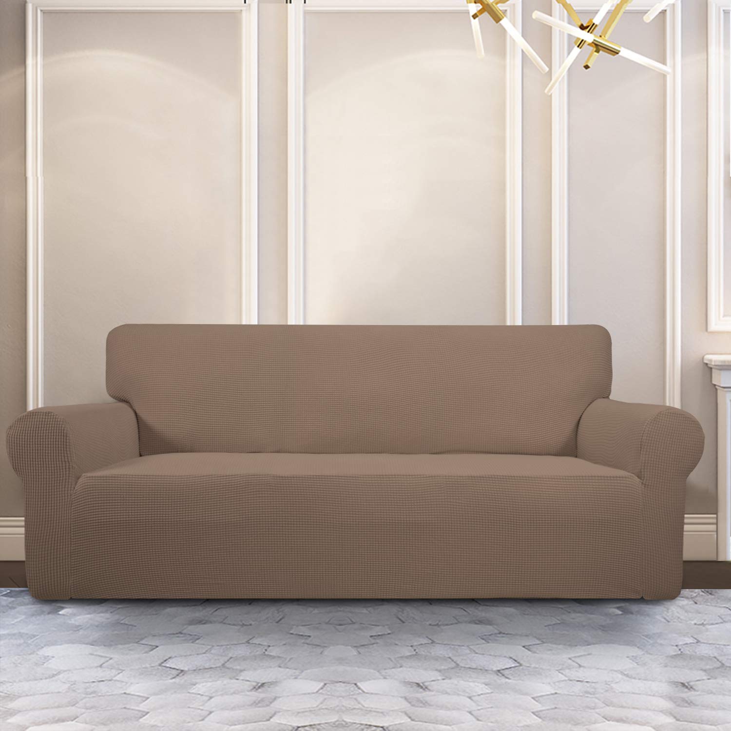 Purefit Stretch Sofa Slipcover – Spandex Jacquard Non Slip Soft Couch Sofa Cover, Washable Furniture Protector With Non Skid Foam And Elastic Bottom For Kids (Sofa, Camel)