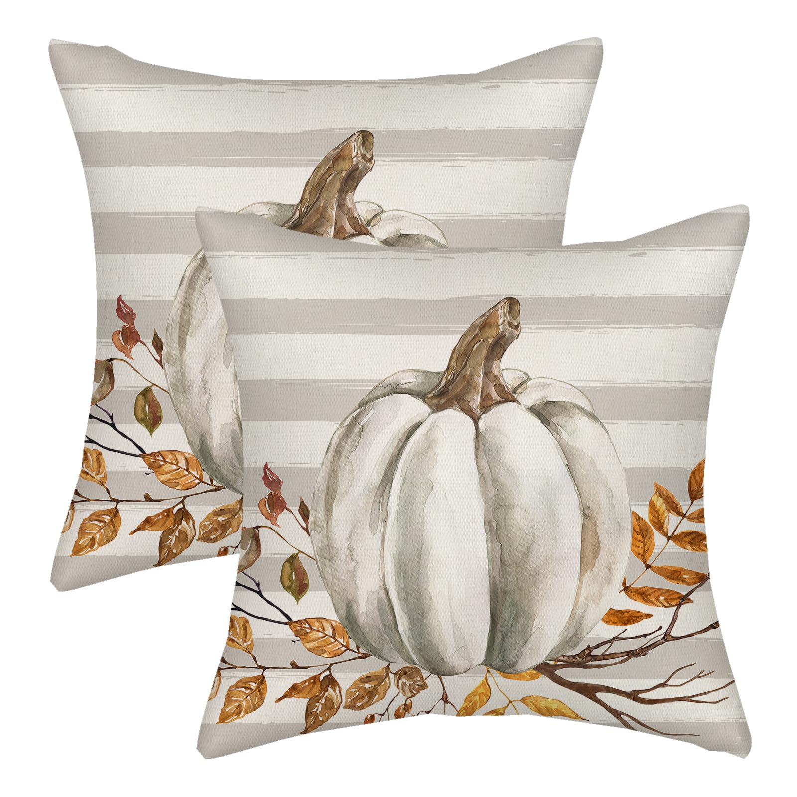Fall Pillow Covers 20X20 Gray Stripes Pumpkin Decor Throw Pillows Case For Couch Maple Leaves Autumn Harvest Indoor Outdoor Deco