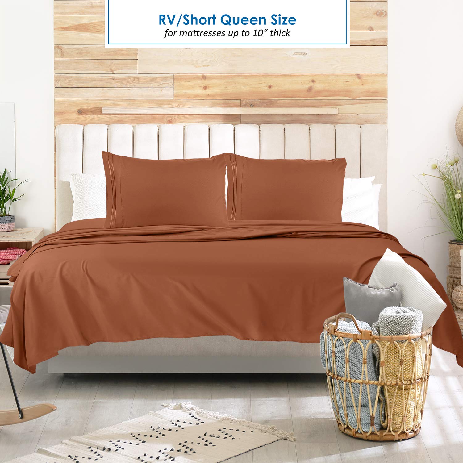 Nestl Rust Rv Queen Sheets – Super Soft Rv Short Queen Sheets For Rv Camper, 4 Piece 1800 Microfiber Fitted Rv Sheets, Double Brushed Rv Bed Sheets Set, Camper Sheets And Pillowcases