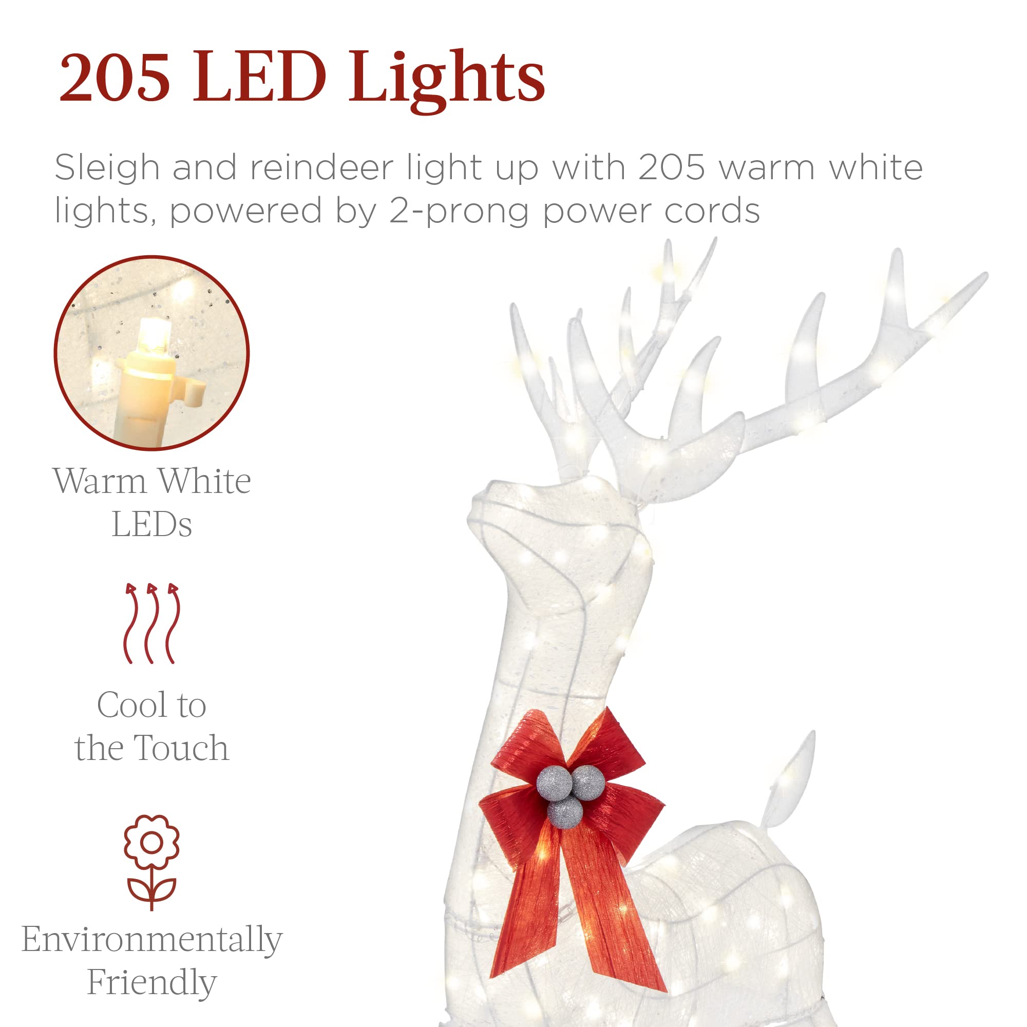 Best Choice Products Lighted Christmas 4Ft Reindeer & Sleigh Outdoor Yard Decoration Set W/ 205 Led Lights, Stakes, Zip Ties - White