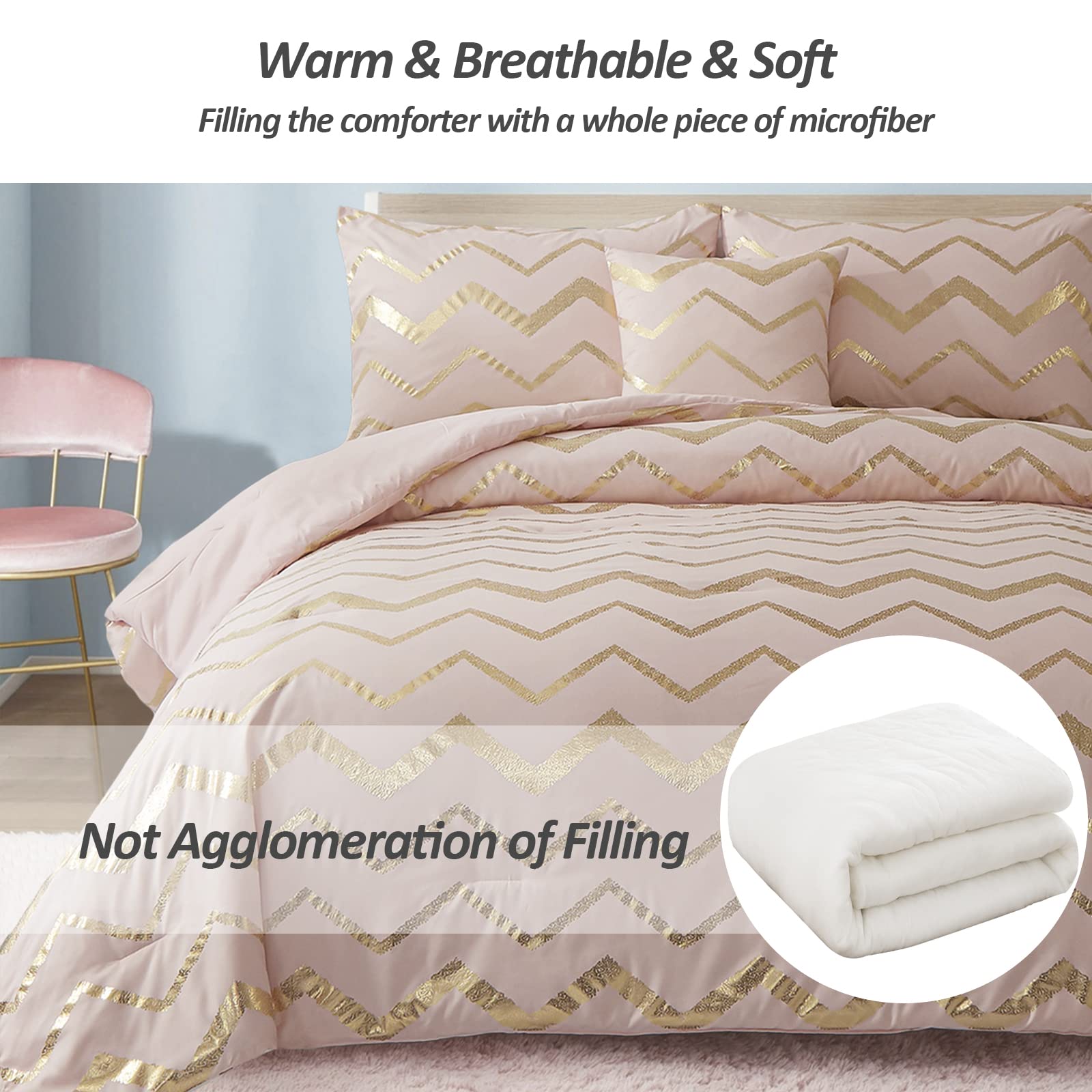 Menghomeus Pink Comforter Set Twin/Twin Xl Size Metallic Blush And Rose Gold Bedding Set, 3 Piece Lightweight Microfiber Comfort