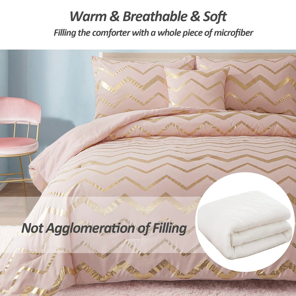 Menghomeus Pink Comforter Set Twin/Twin Xl Size Metallic Blush And Rose Gold Bedding Set, 3 Piece Lightweight Microfiber Comfort