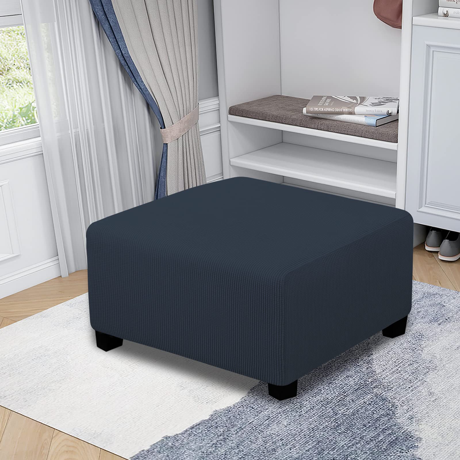 Easy-Going Stretch Square Ottoman Cover Folding Storage Stool Furniture Protector Soft Rectangle Slipcover With Elastic Bottom (30X30X15Inch, Dark Blue)