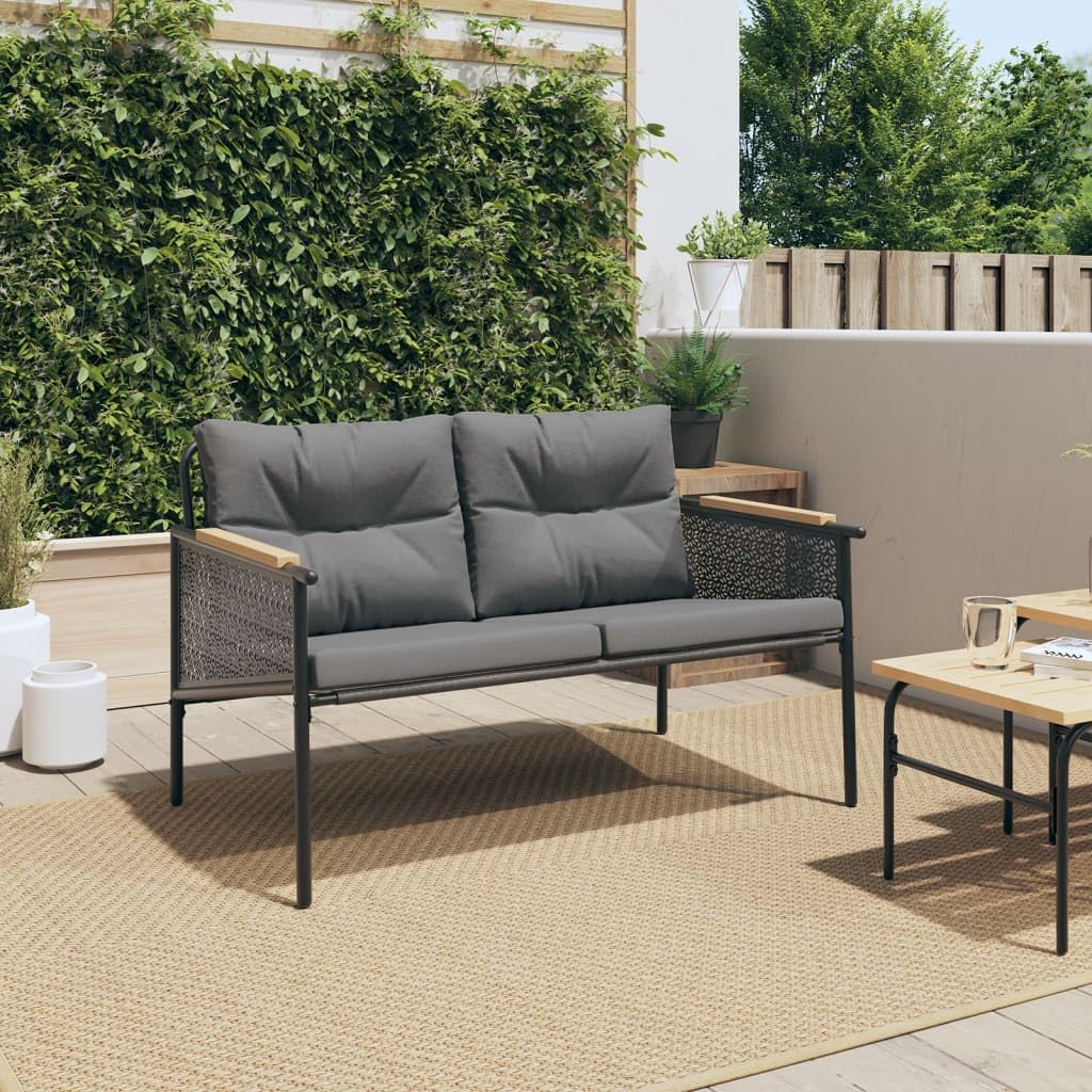 vidaXL Patio Bench with Cushions 45.7"- Black Steel/Teak Wood- Outdoor Garden Seating- Weather Resistant Fabric- UV Protection- Easy Assembly
