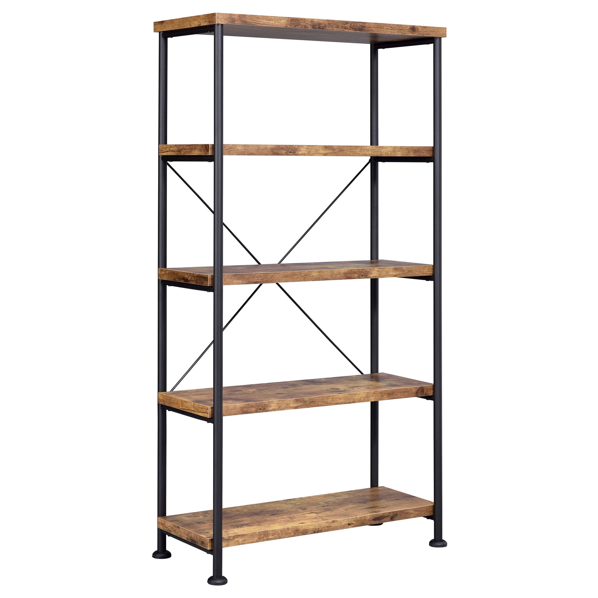 Coaster Home Furnishings Analiese Rustic Industrial 4-Tier Bookcase Etagere Bookshelf Office Storage Book Shelf Engineered Eco-Friendly Wood Look Laminate Sturdy Black Steel Base Rustic Nutmeg 801542