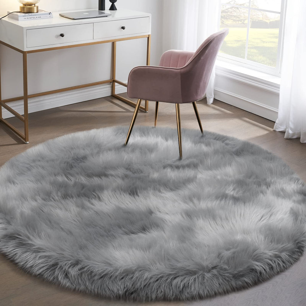 Fluffy Round Rug For Kids Room Grey Circle Faux Fur Area Rug For Bedroom, 4X4 Fuzzy Shag Rugs Furry Nursery Rug Teepee Mat, Gray