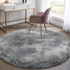 Fluffy Round Rug For Kids Room Grey Circle Faux Fur Area Rug For Bedroom, 4X4 Fuzzy Shag Rugs Furry Nursery Rug Teepee Mat, Gray