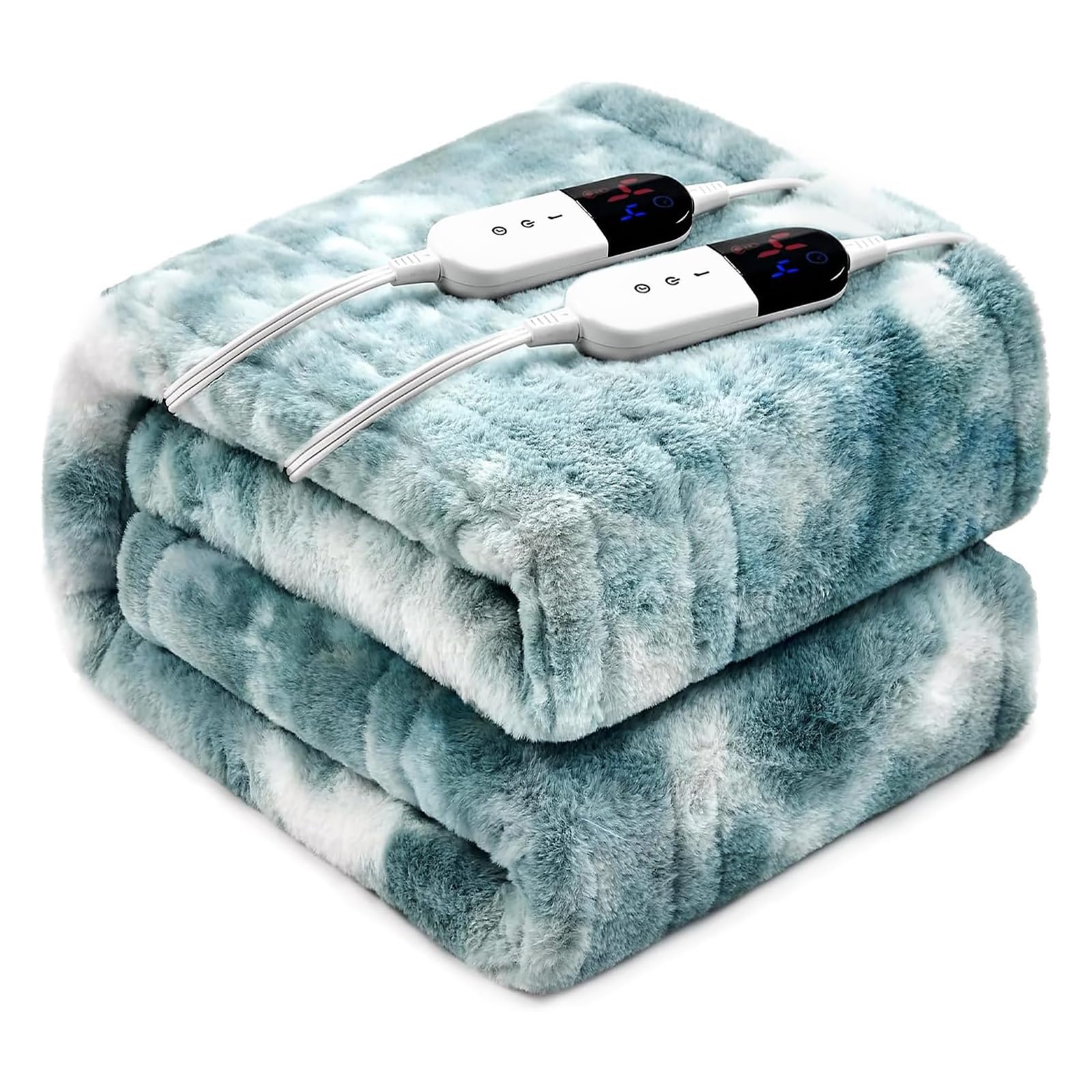 Ptq Electric Heated Blanket 84'X90',Luxury Freshwater Blue Faux Fur Electric Queen Blanket,Fast Heating Soft Fluffy Thick Elec