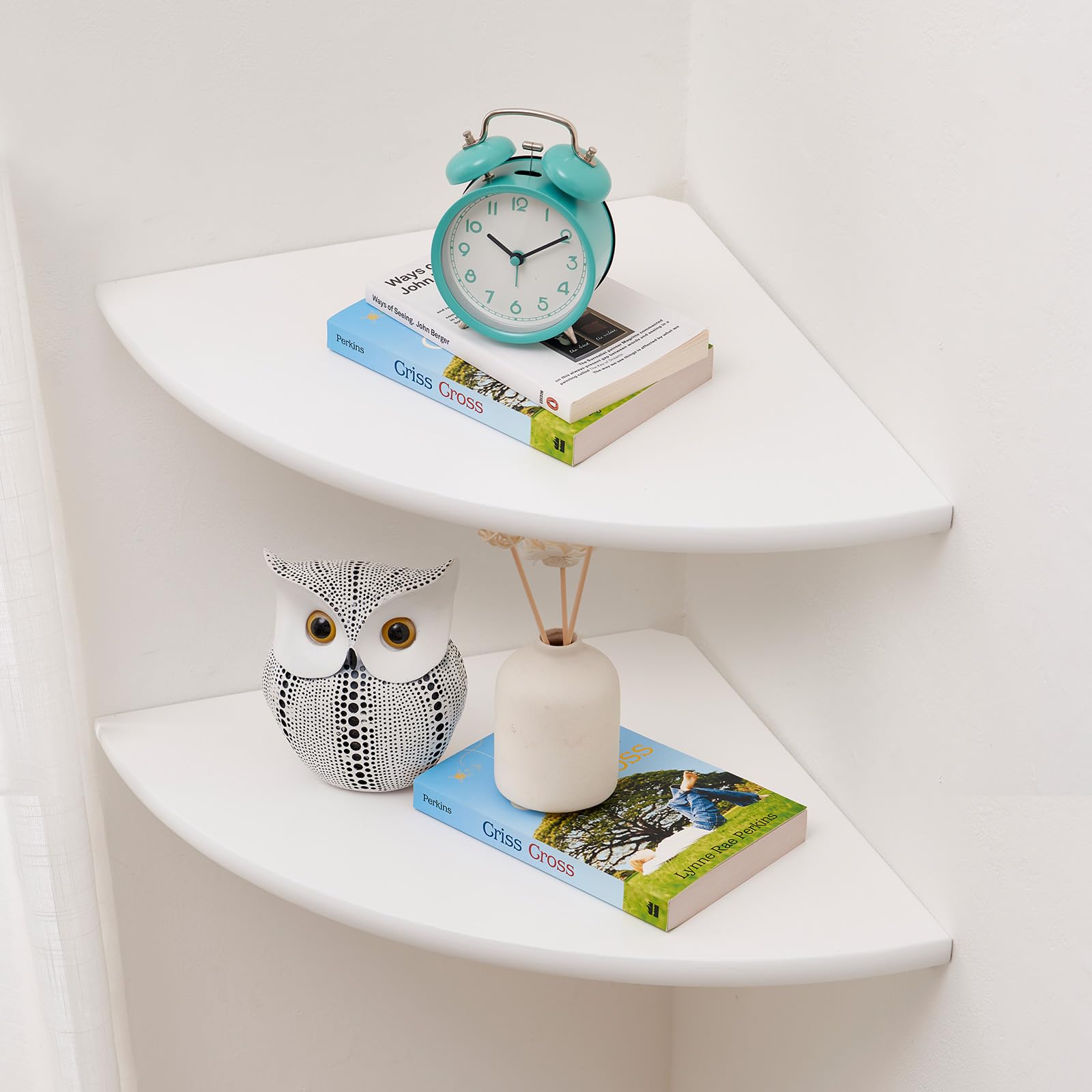 Corner Shelf, White Floating Corner Shelf, Set Of 2 12Inch Solid Oak Wood Corner Wall Shelves, Round End Wall Mount Display Shel