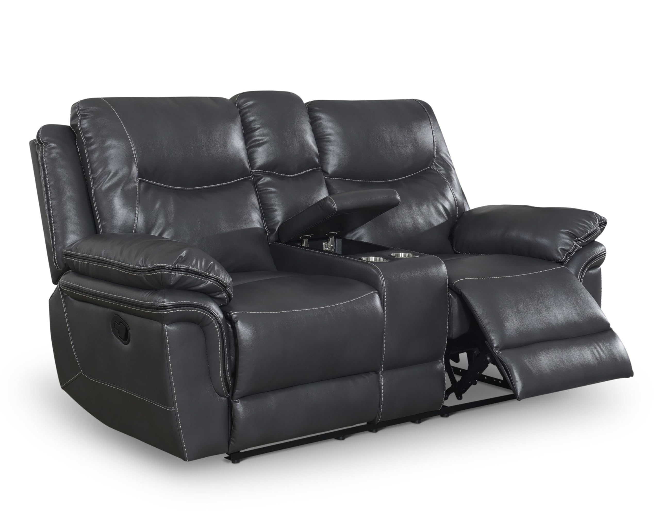 Steve Silver Co Upholstered Isabella Console Loveseat, Dual Cup-Holders, Living Room, Den, Game Room, Upholstered Top Grain Leathere, Storage Compartment, 37.4" D x 79.5" W x 42" H, Gray