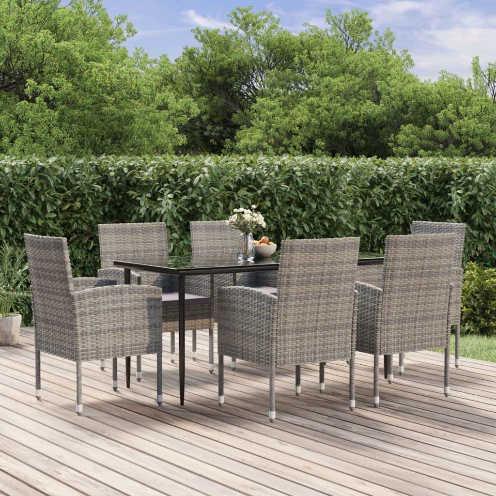 vidaXL 7-Piece Outdoor Dining Set - Anthracite Poly Rattan with Cushions - Tempered Glass Top Table and Comfortable Chairs, 3156783