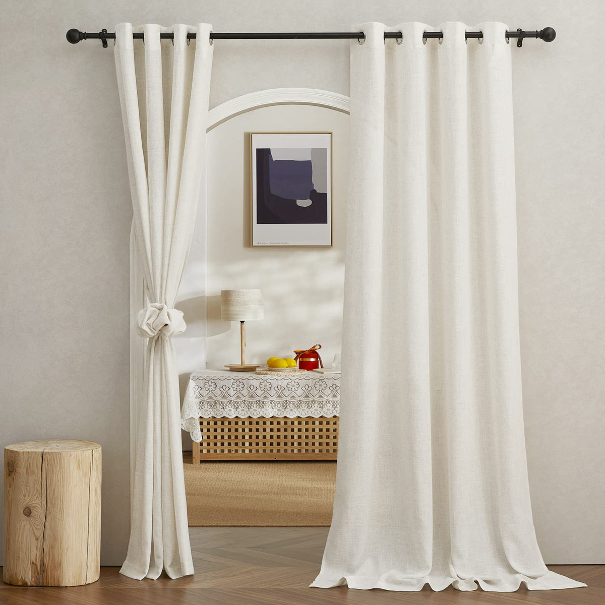 Nicetown Semi Sheer Linen Curtains 95 Inch Length 2 Panels, Grommet Open Linen Weave Vertical Curtain Drapes Privacy With Light