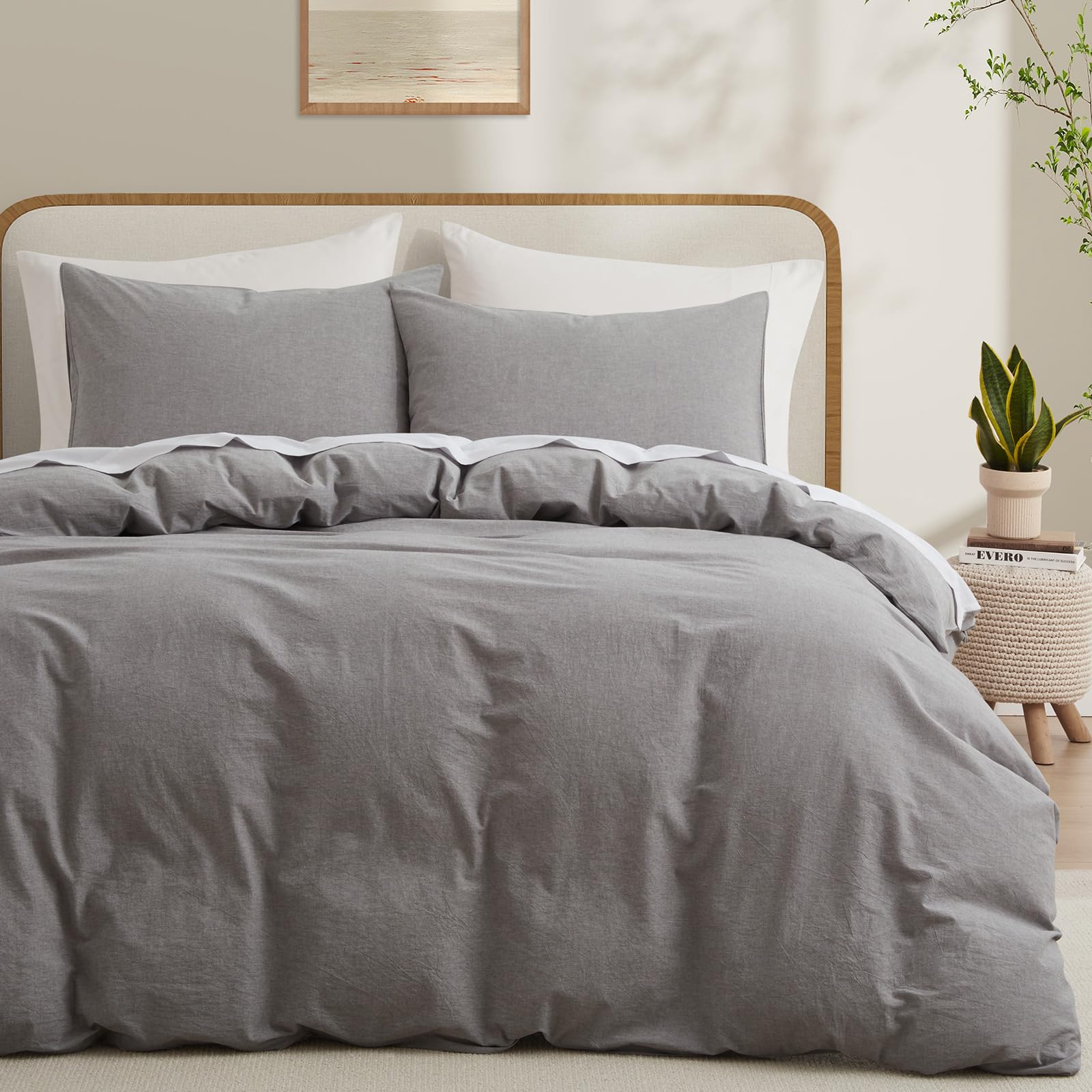 Lovque Light Grey Cotton Duvet Cover Queen Size, Linen Like Natural Bedding Set With Zipper Closure (No Comforter), 90X90 Inches