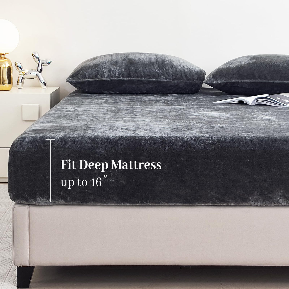 Yiyea Fleece Fitted Sheet Queen Size, Ultra Soft Shaggy Plush Queen Fitted Sheet, Fluffy Faux Fur 16' Deep Pocket Flannel Fitte
