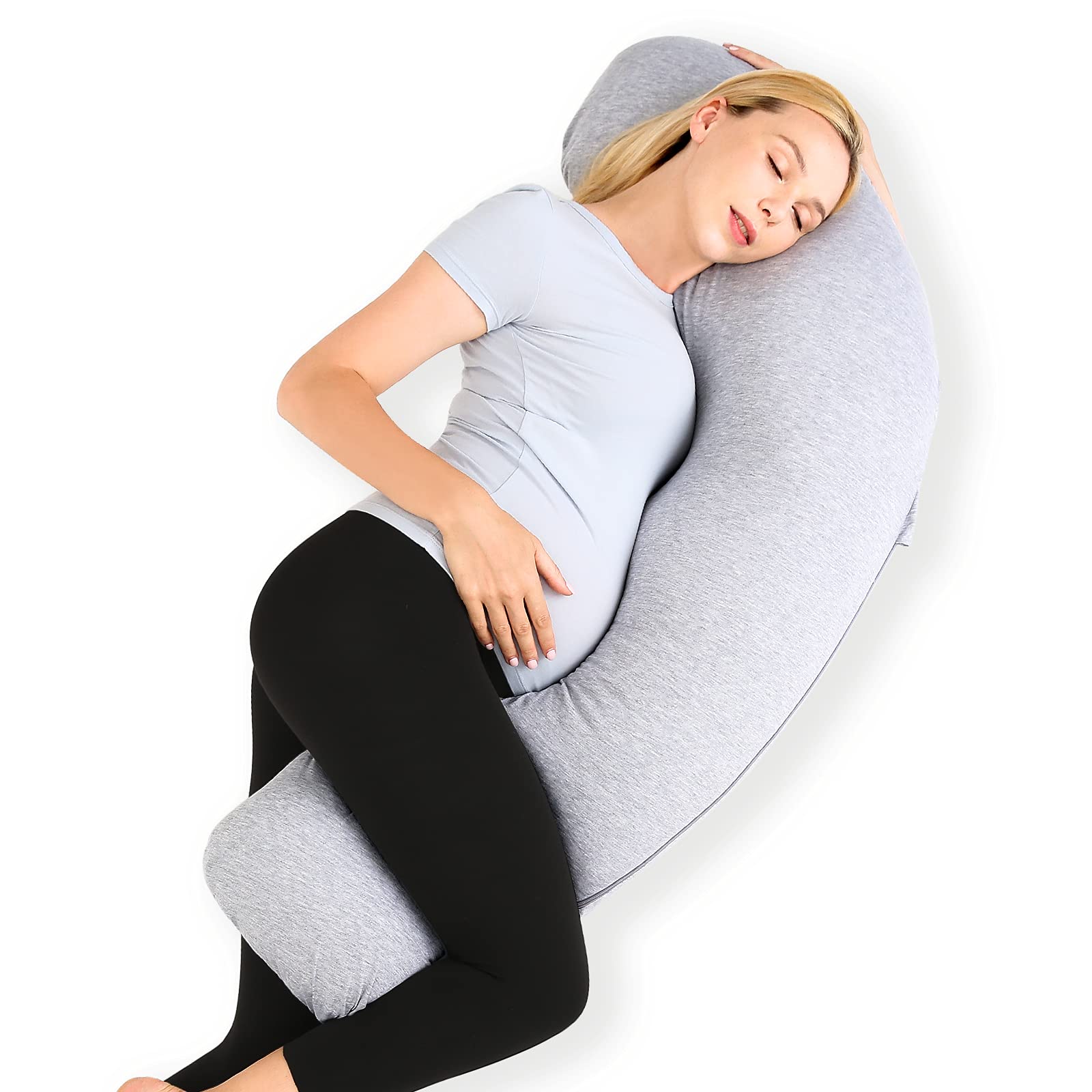 Momcozy Pregnancy Pillows For Side Sleeping, J Shaped Maternity Body Pillow For Pregnancy, Soft Pregnancy Pillow With Jersey Cov