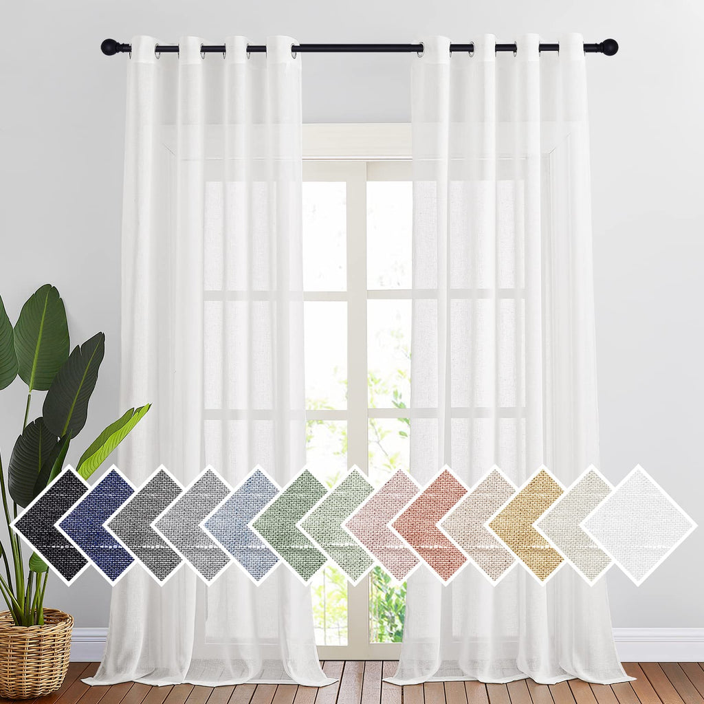Nicetown Sheer Linen Curtains For Living Room 96' L, Ring Top Semi Sheer Panels Privacy Semitransparent Flax Open Linen Weave S