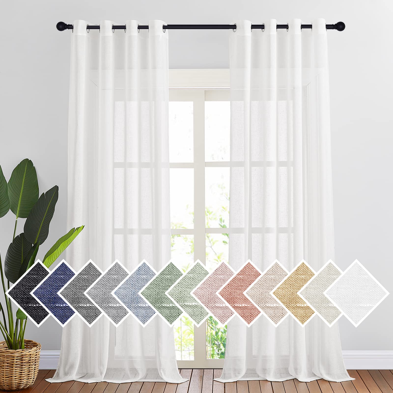 Nicetown Sheer Linen Curtains For Living Room 96' L, Ring Top Semi Sheer Panels Privacy Semitransparent Flax Open Linen Weave S