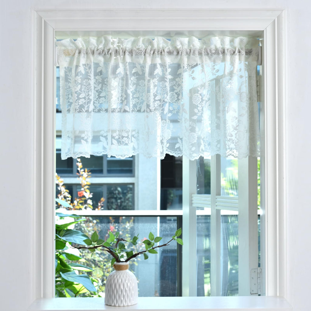 Finecity Lace Valances For Windows Over Sink, Rustic Leaf Floral Scalloped Bottom Sheer Kitchen Valance Curtain 18 Inch Length,