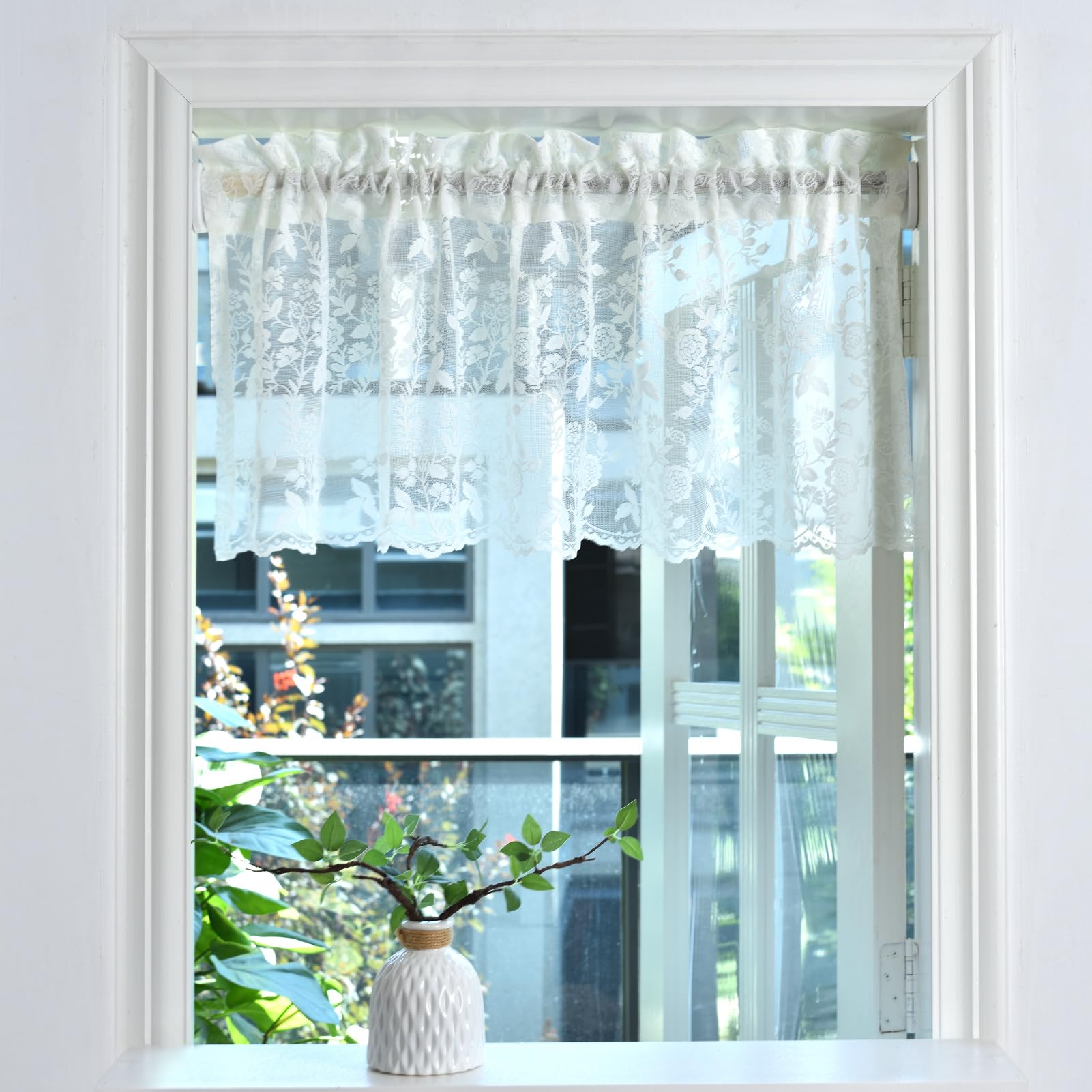 Finecity Lace Valances For Windows Over Sink, Rustic Leaf Floral Scalloped Bottom Sheer Kitchen Valance Curtain 18 Inch Length,