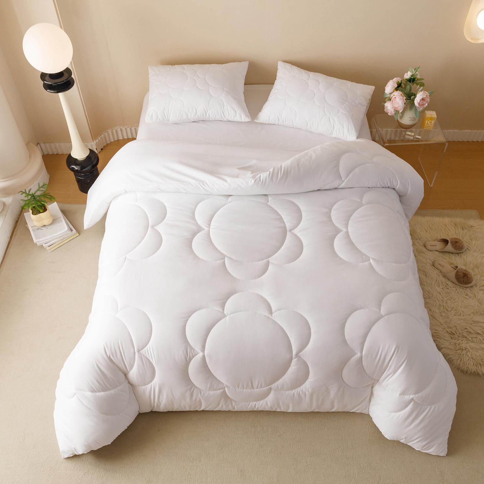 Luxlovery White Sunflower Comforter Set King Boho Floral Farmhouse Bedding Comforter Set King Size Elegant Big Flower Printed So
