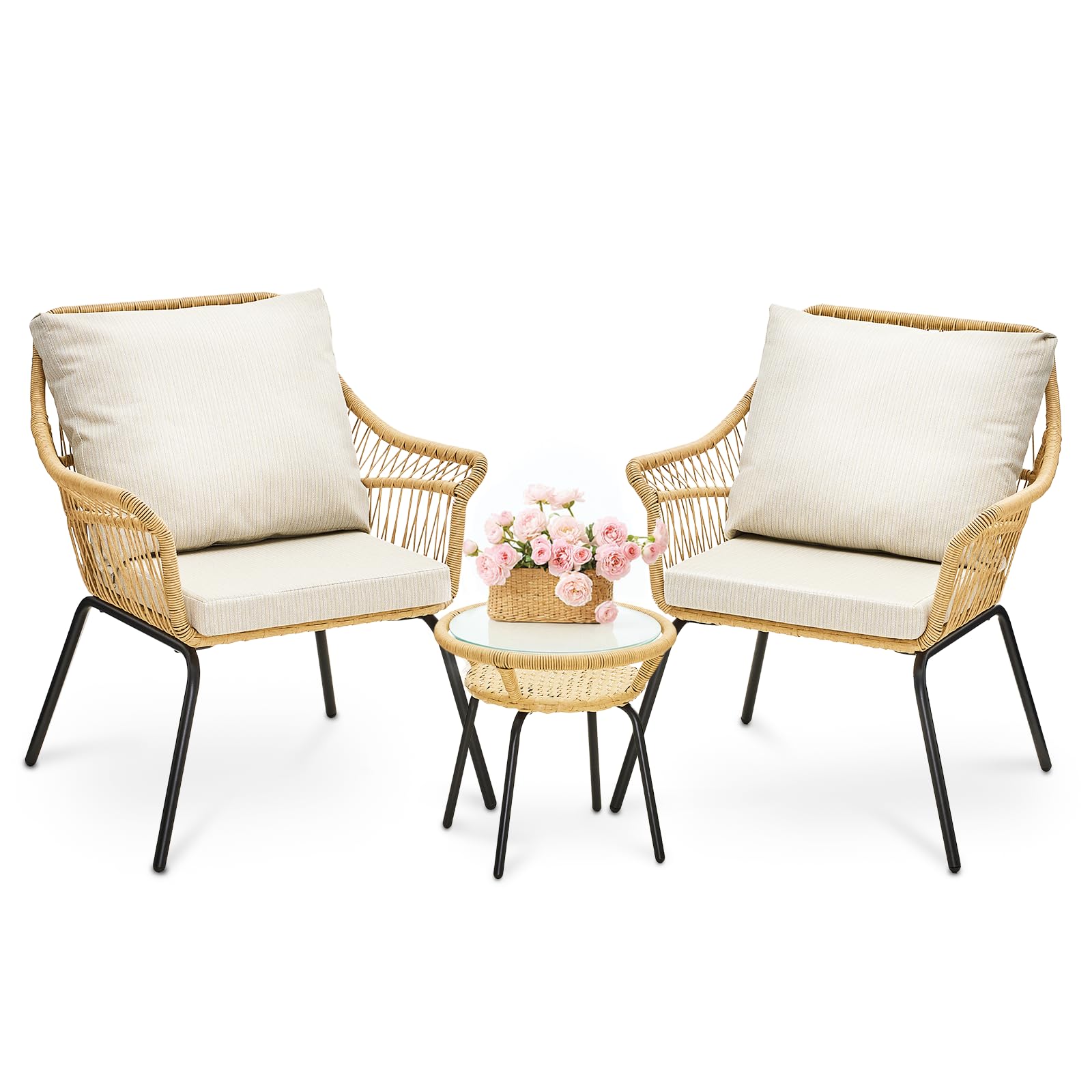 ONBRILL 3 Piece Patio Bistro Set, Small Patio Furniture Set, Outdoor Wicker Chairs Set, Outdoor Rattan Chairs & End Table, with 