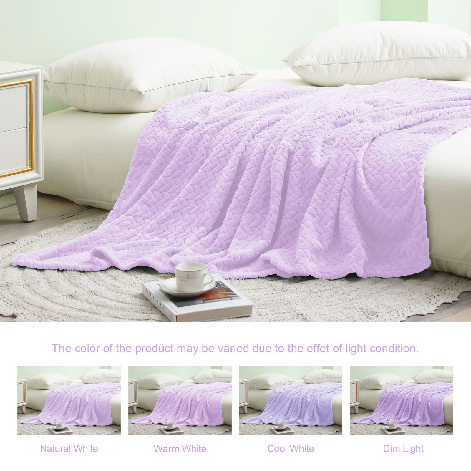 Exclusivo Mezcla Lilac Purple Fleece King Size Blanket For Bed, 90X104 Inches Soft Cozy 3D Decorative Jacquard Flannel Blankets,