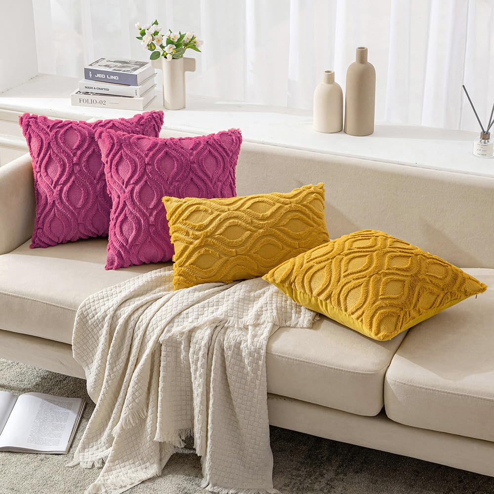 Miulee Hot Pink Throw Pillow Covers 18X18 Inch, Soft Winter Plush Faux Wool Couch Pillow Covers Set Of 2 Decorative Farmhouse Boho Throw Pillows For Sofa Living Room Bed