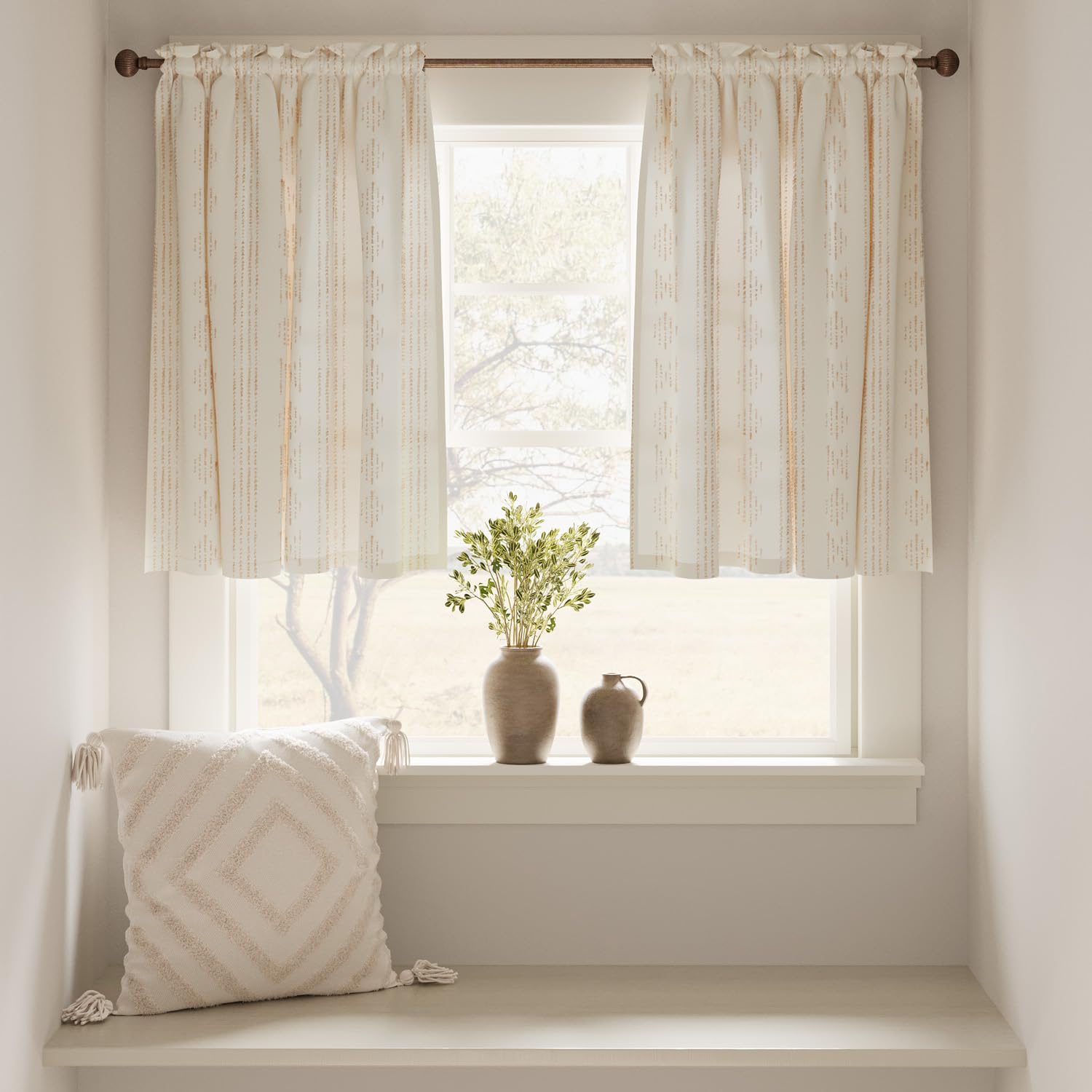 Jinchan Boho Kitchen Curtains Linen Tier Curtains 24 Inches Bohemian Cafe Small Drapes Striped Mudcloth Farmhouse For Bathroom Rv Camper Light Filtering Rod Pocket 2 Panels Taupe On Beige
