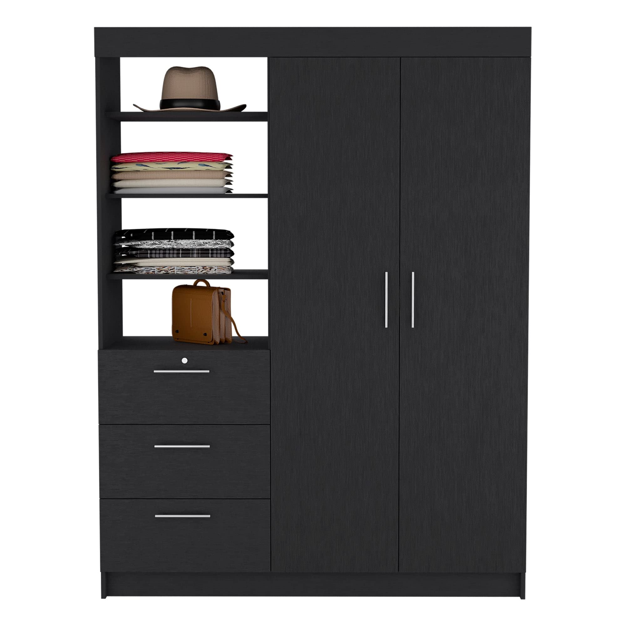 Depot E-Shop Laurel 3-Tier Shelf And Drawers Armoire With Metal Handles, Black