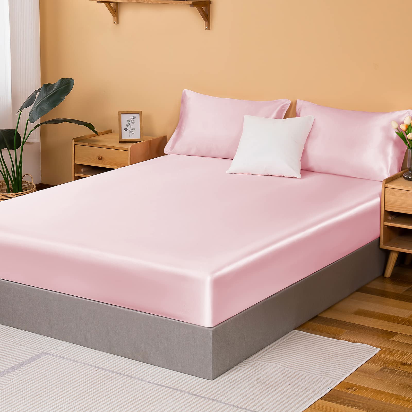 Nsgz Satin Fitted Sheet Twin, Single Silky Fitted Sheet Only Soft Deep Pocket Bottom Bed Sheets, Wrinkle Free & Fade Resistant &
