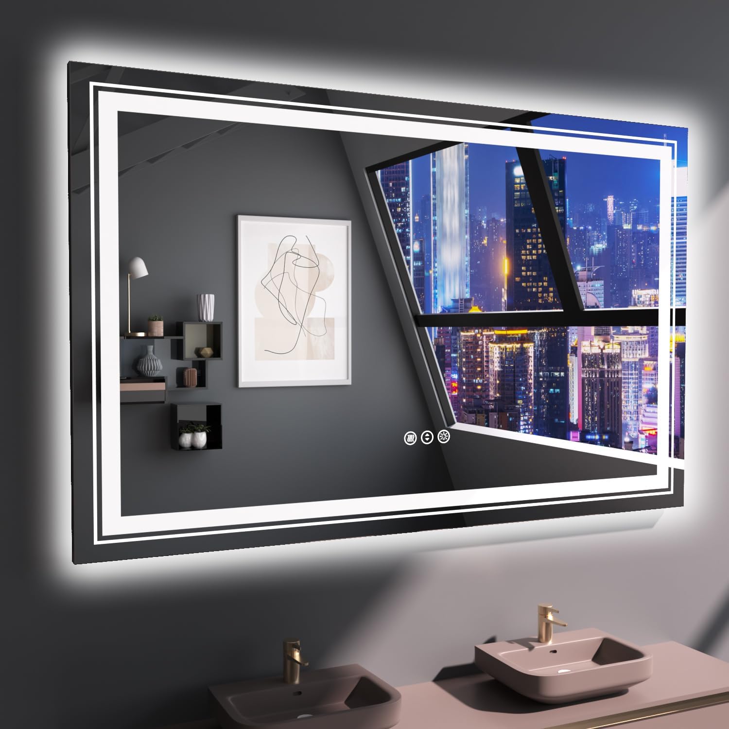 Snowdool 55X36 Front and Backlit Mirror Bathroom LED Mirror, Anti-Fog Bathroom Mirror with Lights, Stepless Dimmable, 3 Colors L