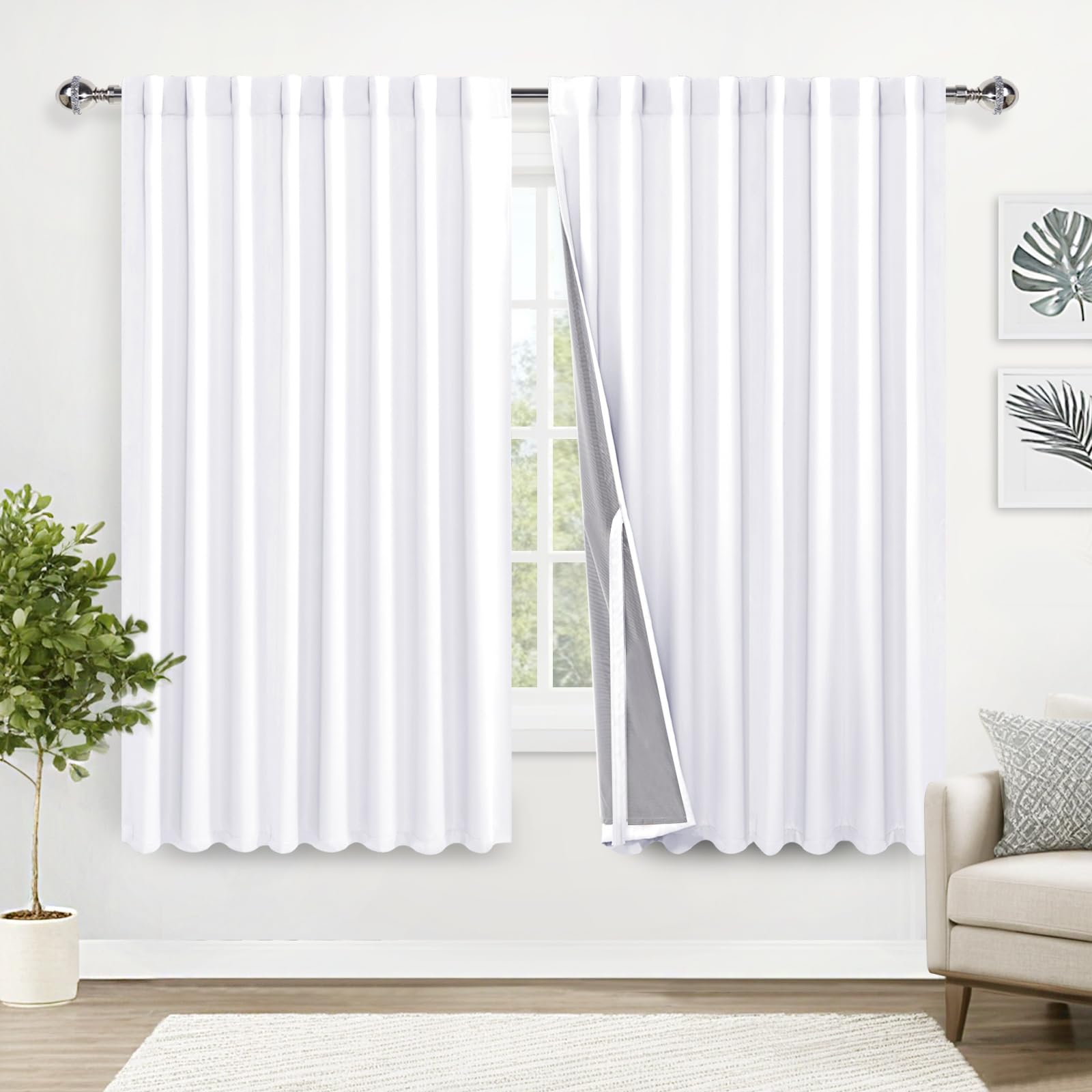 Xwzo Full Blackout Curtain With Tiebacks- Rod Pocket & Back Tab Thermal Insulated Black Liner Curtains, Noise Reducing And Heat
