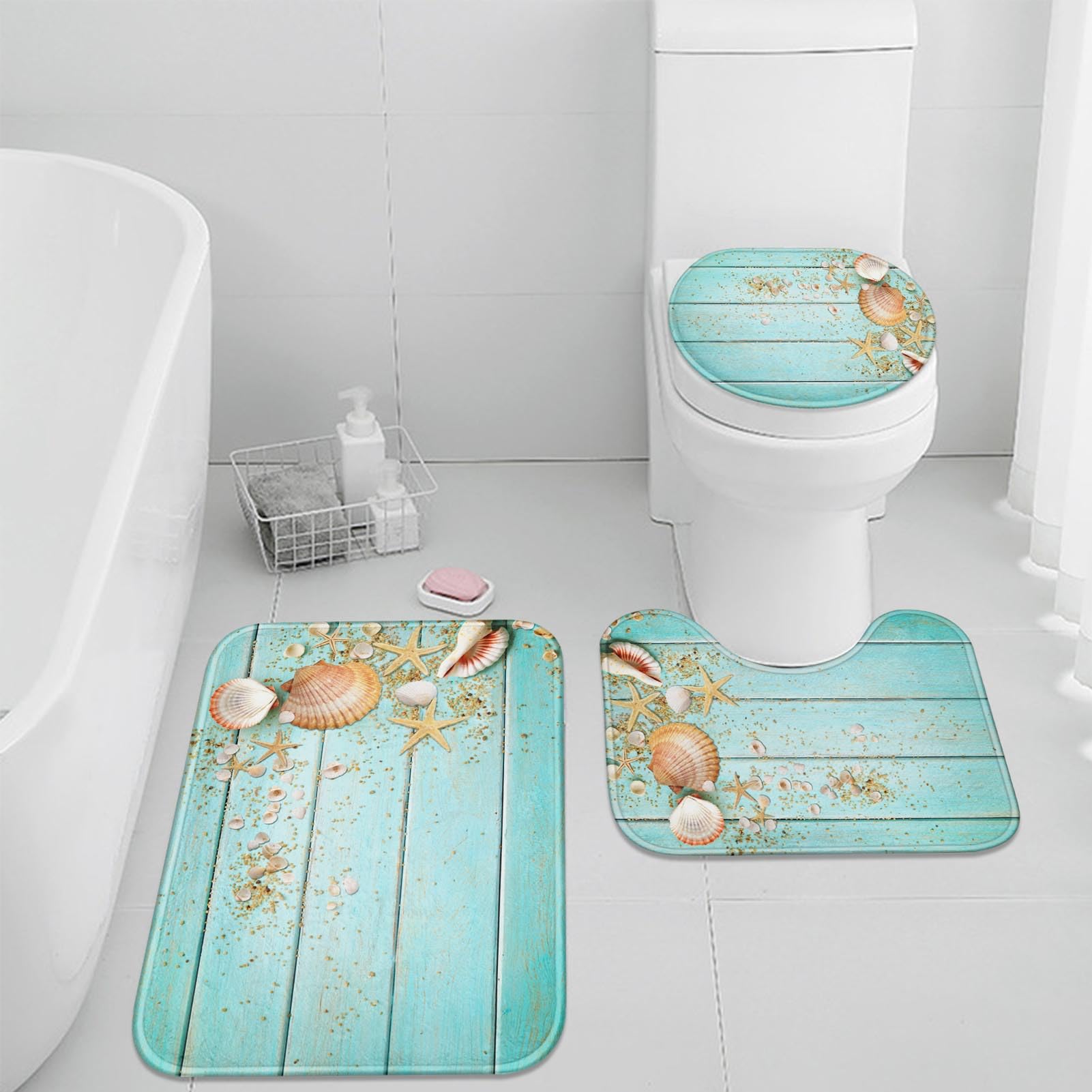 Britimes Beach Seashell Bathroom Rug Set of 3, 3 Pieces Bath Mats Set for Bathroom, Summer Non-Slip Washable Cover Floor Rug Dec