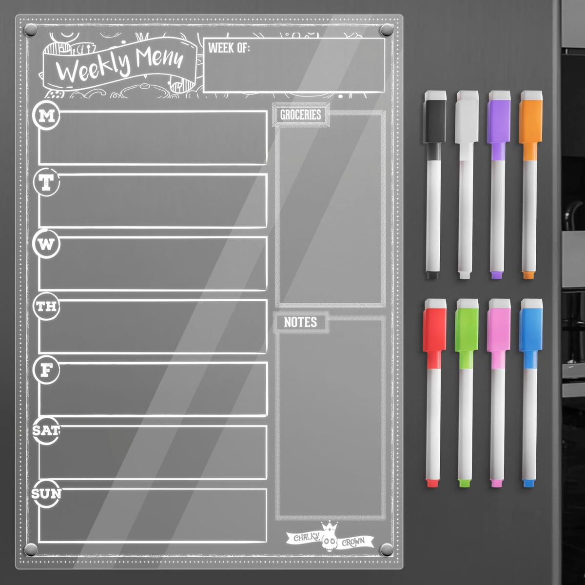 Chalky Crown Acrylic Magnetic Weekly Planner For Fridge - Menu Board For Kitchen With 8 Magnetic Markers - Weekly Meal Planner F
