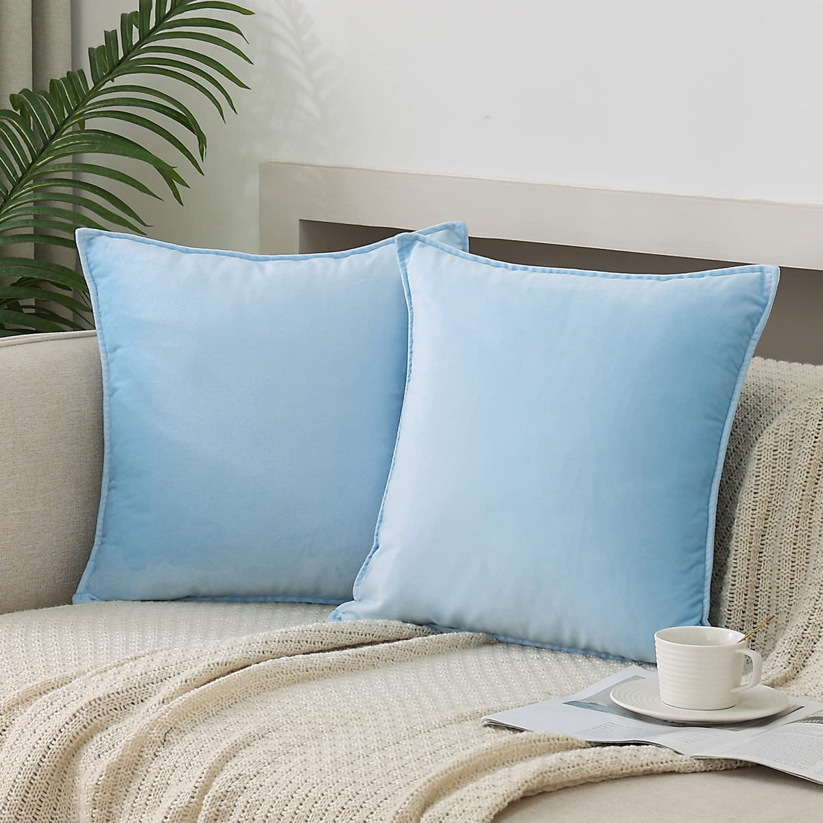 Jiahannha Velvet Sky Light Blue Throw Pillow Covers Pack Of 2 Spring Decorative Soft For Couch Sofa Bed Livingroom Office 20  20