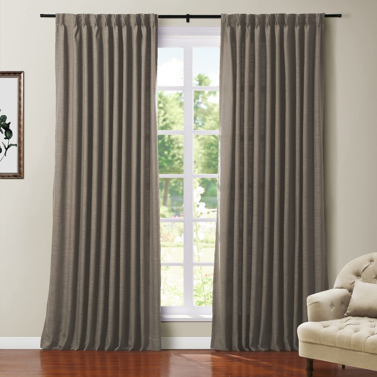 Twopages Polyester Linen Blackout Medium Gray Curtain For Living Room Thermal Insulated Drape With Pinch Pleat And Back Tab Top