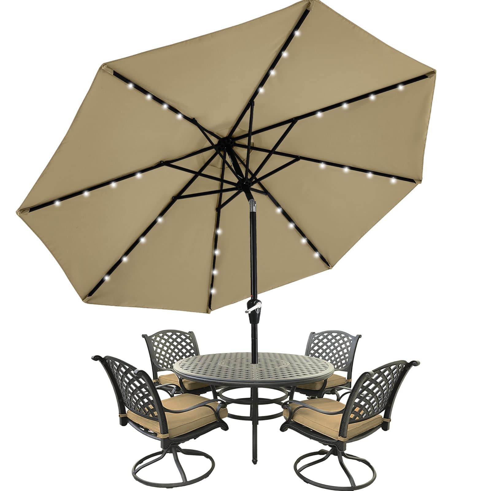 Mastercanopy Patio Umbrella With 32 Solar Led Lights -8 Ribs (9Ft,Khaki)